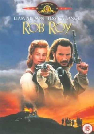 Rob Roy movie cover art featuring Liam Neeson and Jessica Lange holding pistols against a dramatic blue sky and fiery orange horizon, with the title 'Rob Roy' at the top.