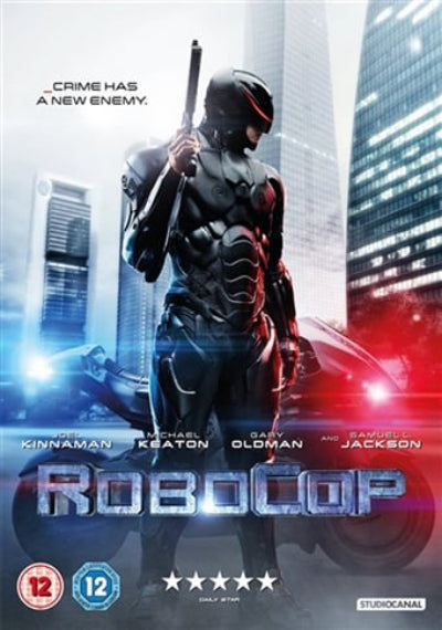 Movie poster for 'RoboCop' featuring a character in a suit with a cityscape background.