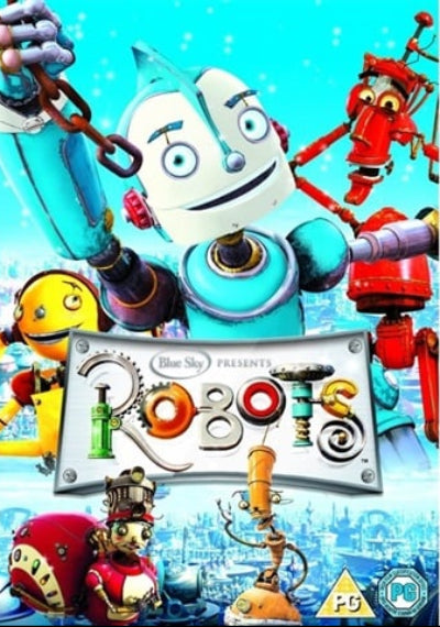 Blue Sky Studios' animated series 'Robots' DVD cover, featuring a large blue robot in the center, smaller red and yellow robots, and a title card with the word 'Robots' in stylized letters.