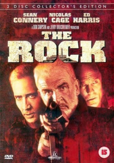 DVD cover of 'The Rock' featuring three actors with a gun, on a red background.