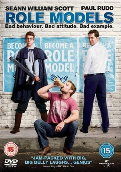 DVD cover for the comedy film 'Role Models' starring Seann William Scott and Paul Rudd, featuring the actors in costume against a brick wall with blue posters.