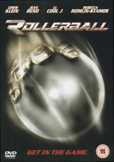DVD cover for the movie Rollerball, featuring a large metallic silver bowling ball on a dark background with the title 'Rollerball' in metallic letters at the top and 'Get in the Game.' at the bottom.