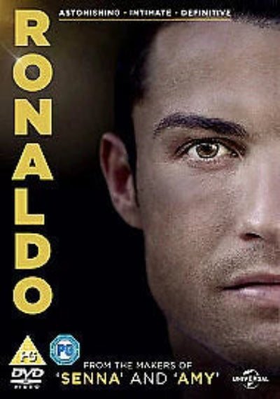 DVD cover for the movie 'Ronaldo' featuring a close-up portrait of Cristiano Ronaldo on a dark background with large yellow title text.