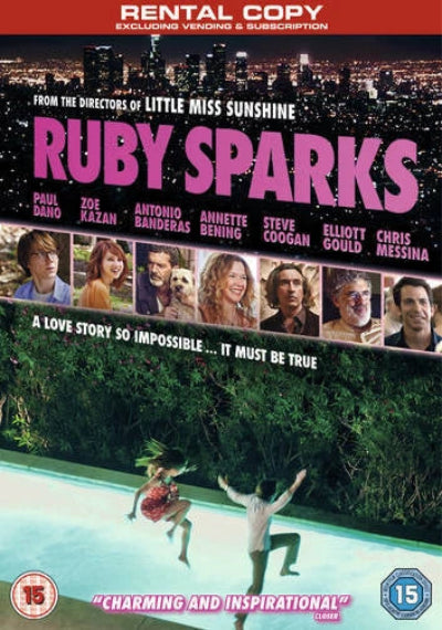 Ruby Sparks movie rental copy cover featuring a red banner at the top, the title in large pink letters, cast portraits across the middle, and two people jumping in an empty pool at the bottom.