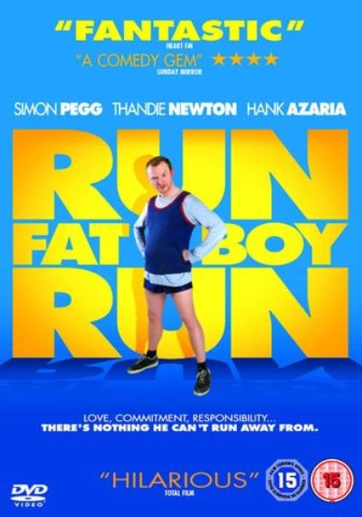 DVD cover for the film 'Run Fat Boy Run' featuring Simon Pegg in a running outfit, with large yellow title text on a bright blue background and review quotes at the top and bottom.