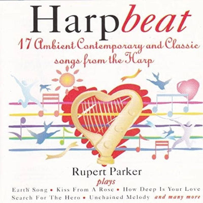 Album cover of 'Harpbeat' featuring a harp and musical notes with Rupert Parker's name.