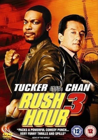 Movie poster for 'Rush Hour 3' featuring two men with the Eiffel Tower in the background.