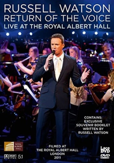 DVD cover for 'Russell Watson Return of the Voice: Live at the Royal Albert Hall', showing Russell Watson singing on stage in front of an orchestra, with title text and DVD branding.