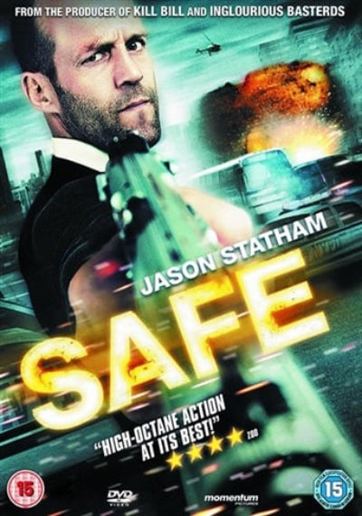Movie poster for 'Safe' featuring Jason Statham with action elements and text about the film's producers.