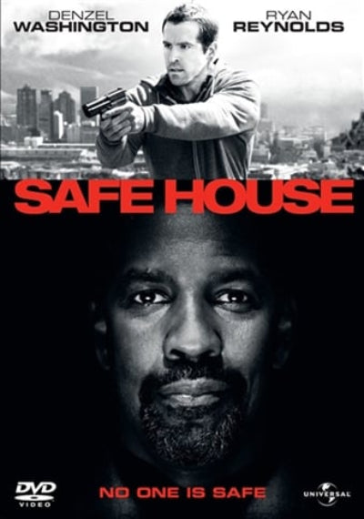 Movie poster for 'Safe House' featuring Denzel Washington and Ryan Reynolds with a cityscape background.