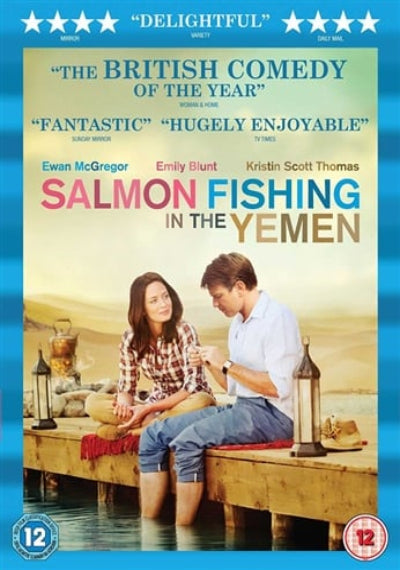 Movie poster for the film 'Salmon Fishing in the Yemen' featuring Ewan McGregor and Emily Blunt sitting on a wooden dock by the water, with large title text and critical review quotes at the top.
