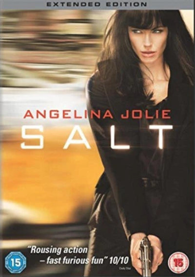Extended edition DVD cover for the movie Salt, featuring Angelina Jolie in a black outfit holding a gun, with the title 'SALT' and 'EXTENDED EDITION' on a dark background.