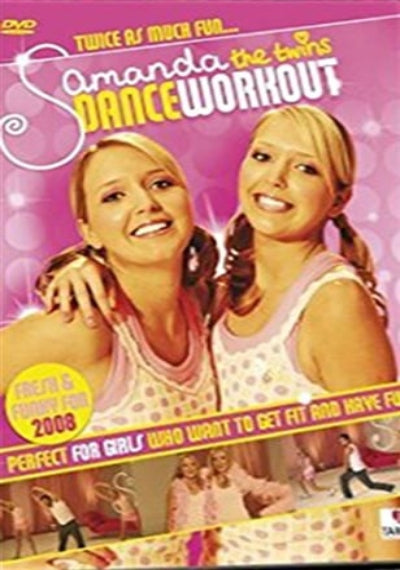 DVD cover for 'Samantha the twins Dance Workout' featuring two smiling women in pink tops against a bright pink background with large title text and smaller inset dance scenes.
