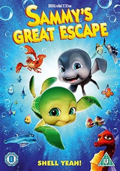 Front cover artwork for the children's film 'Sammy's Great Escape', featuring animated characters Sammy the green sea turtle and Sharky the gray dolphin in an underwater scene with colorful fish, bubbles, and the title text 'Sammy's Great Escape' at the top.