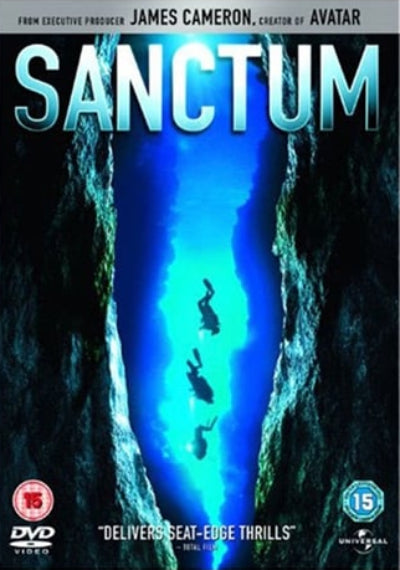 DVD cover for the film 'Sanctum' featuring a dramatic underwater scene with three divers descending into a bright blue cave opening framed by dark rocky walls. The title 'SANCTUM' is displayed in large metallic-style letters at the top, with a DVD logo in the bottom left and a Universal Studios logo in the bottom right.