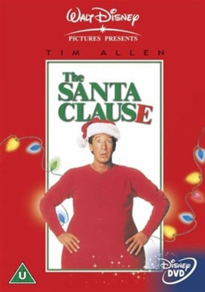 The Santa Clause DVD cover featuring Tim Allen in a red sweater and Santa hat on a red background with holiday lights and Disney branding.