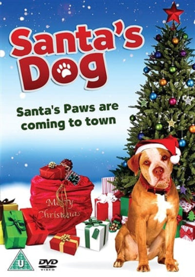 DVD cover for 'Santa's Dog: Santa's Paws are coming to town' featuring a brown dog wearing a Santa hat next to a decorated Christmas tree and wrapped gifts on a snowy blue background.