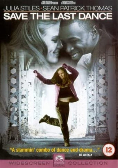 DVD cover for the movie 'Save the Last Dance' featuring Julia Stiles and Sean Patrick Thomas, with a central image of a woman dancing in front of a bridge and faded portraits of the two actors in the background.