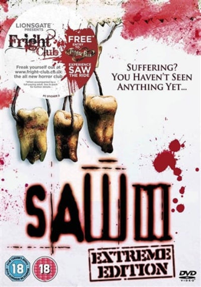 DVD cover for Lionsgate's Fright Club Presents Saw III: Extreme Edition, featuring three severed teeth hanging from a cross on a white background with red blood splatters and distressed typography.