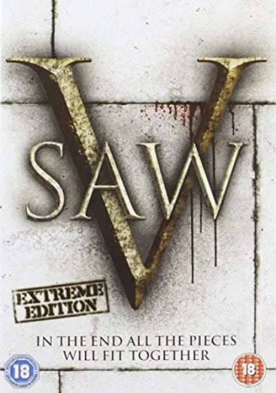 The front cover of the 'Saw V: Extreme Edition' DVD box set, featuring a large textured metallic gold 'V' with 'SAW' in distressed serif letters, set against a gray stone background with blood splatters and an 'EXTREME EDITION' stamp.