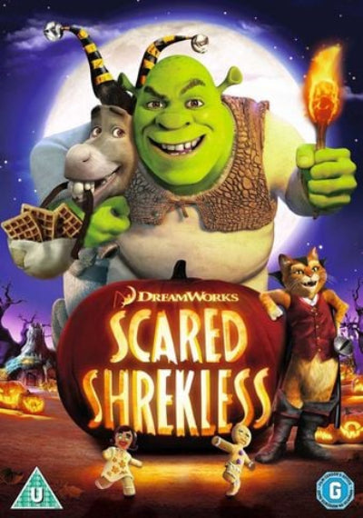 Front cover artwork for DreamWorks' 'Scared Shrekless' featuring Shrek, Donkey, Captain Hook, and the Cat in a Halloween-themed scene with a large pumpkin and glowing title text.