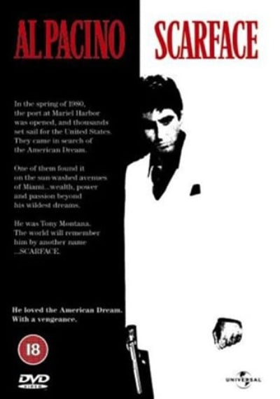 Scarface DVD cover featuring a split black-and-white design with the title in red at the top, Al Pacino's portrait on the right, and synopsis text on the left. A DVD logo and Universal logo are visible near the bottom.