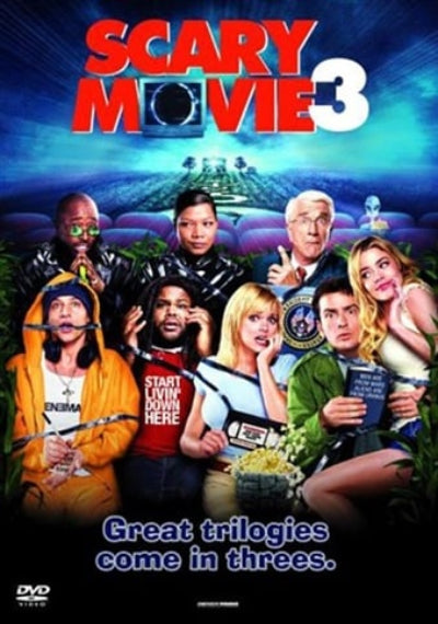 Poster for 'Scary Movie 3' featuring cast members and promotional text.