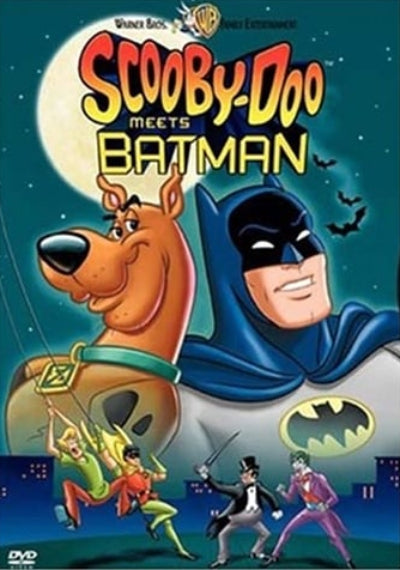 Scooby-Doo Meets Batman DVD cover art featuring Scooby-Doo and Batman under a full moon, with Robin, the Joker, and the Penguin below on a city street.