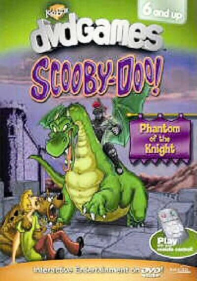 Front cover of a DVD game case titled 'Kooza divgames Scooby-Doo! Phantom of the Knight' with cartoon artwork showing a green dragon, a knight, and characters in a fantasy scene.