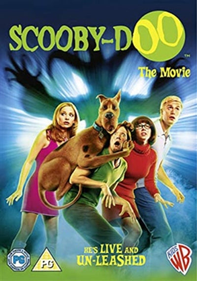 Poster of 'Scooby-Doo: The Movie' with characters and dog in front of a blue and green background.