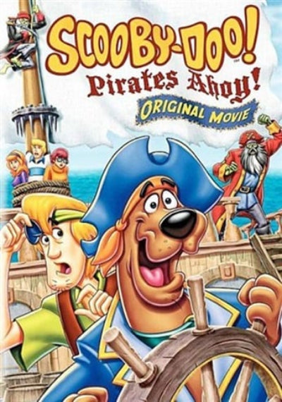 Scooby-Doo! Pirates Ahoy! Original Movie cover art featuring Scooby and Shag in pirate costumes on a wooden ship with a colorful cartoon illustration background.