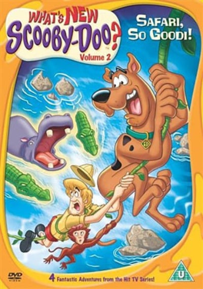DVD cover for 'What's New Scooby-Doo? Volume 2: Safari, So Good!' featuring Scooby-Doo, and Shaggy in an adventurous jungle scene with a hippo and alligators chasing them.