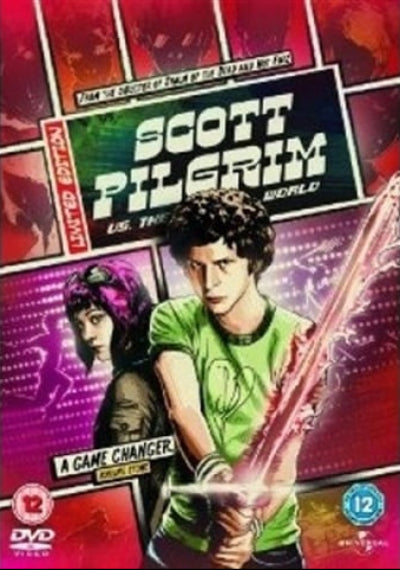Scott Pilgrim Limited Edition DVD cover featuring Scott Pilgrim holding a glowing sword with a purple-haired woman beside him, on a red and black comic-style background with the title 'SCOTT PILGRIM U.S.