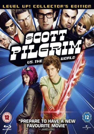 Movie poster for 'Scott Pilgrim vs. the World' with characters and promotional text.