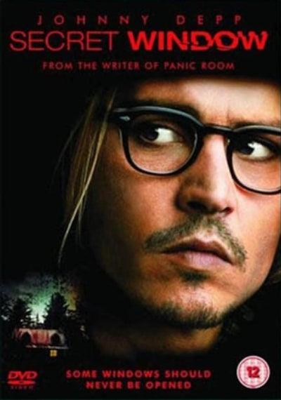 DVD cover for the movie 'Johnny Depp Secret Window' featuring a close-up portrait of Johnny Depp wearing glasses against a dark background, with red title text and a DVD Video logo at the bottom.