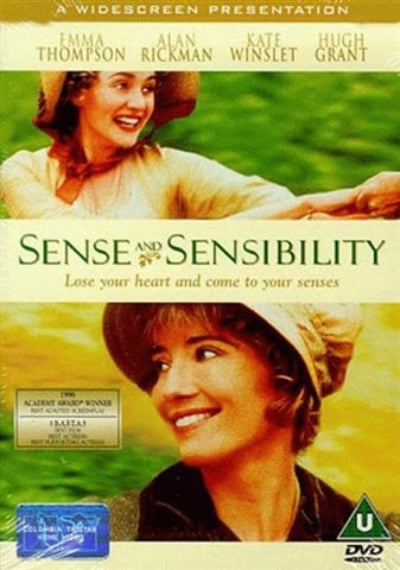 DVD cover for the movie 'Sense and Sensibility' featuring Fama Thompson, Alan Rickman, Kate Winslet, and Hugh Grant, with a green and cream color palette and a U18 rating logo.