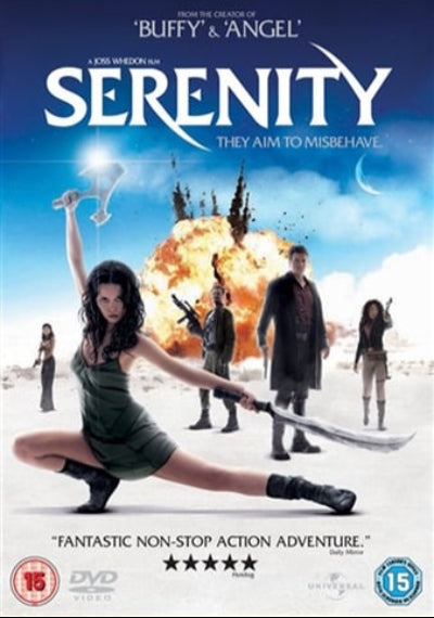 DVD cover for the movie 'Serenity', featuring a group of characters in a desert setting with a spaceship and a large explosion in the background. The title 'SERENITY' is prominently displayed at the top, with rating badges and DVD Video branding at the bottom.