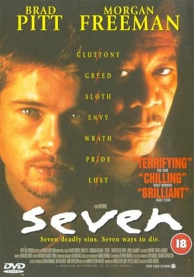 DVD cover for the film 'Seven' featuring Brad Pitt and Morgan Freeman's faces split across the frame, with the title 'Seven' in large white letters and critical quote text on a dark background.