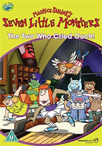 Cover of 'Seven Little Monsters: The Two Who Cried Ouch!' with animated characters on a yellow background