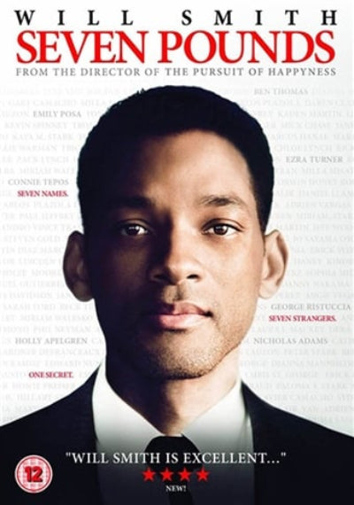 Movie poster for the film 'Seven Pounds' featuring a close-up portrait of Will Smith in a black suit against a white background with red title text and actor name at the top.