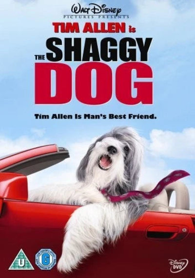 Movie poster for 'The Shaggy Dog' featuring a dog in a red car with a blue sky background.