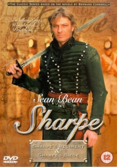 DVD cover for 'Sharpe' featuring Sean Bean as the character, with a sepia-toned historical background and title text across the lower half.