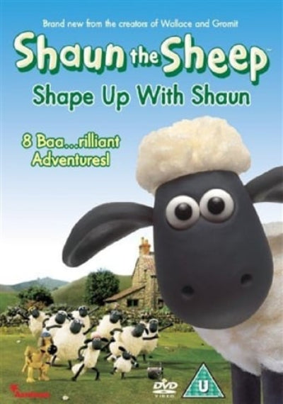 Front cover of the Shaun the Sheep DVD video release titled 'Shape Up With Shaun', showing Shaun the sheep prominently in the foreground with other sheep and a farm scene in the background.