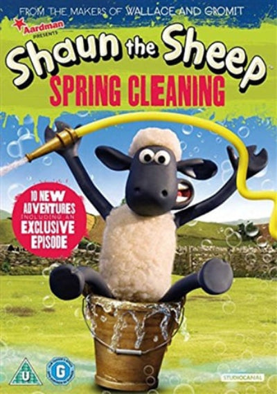 DVD cover for Shaun the Sheep Spring Cleaning, featuring Shaun the sheep jumping in a bucket with a yellow hose against a green field background.
