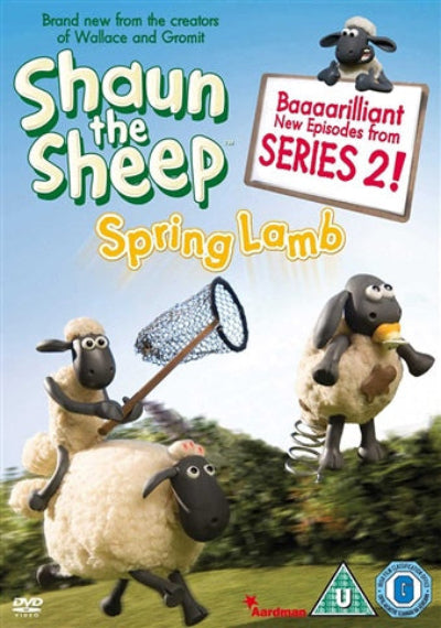 DVD cover for Shaun the Sheep: Spring Lamb, featuring Shaun and the sheep in a grassy field under a blue sky, with title text and Aardman branding.