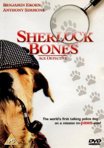 DVD cover for the movie 'Sherlock Bones: Ace Detective' featuring a dog dressed in a black-and-white checkered hat and pipe, with a magnifying glass and paw prints on a white background.