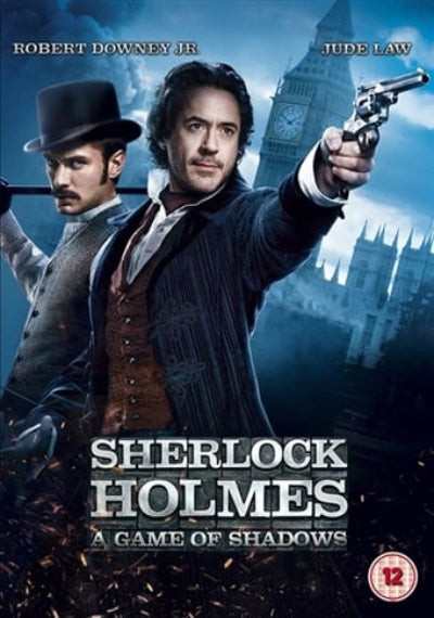 Movie poster for 'Sherlock Holmes: A Game of Shadows' featuring Robert Downey Jr. and Jude Law in Victorian-era attire, with London buildings in the background.