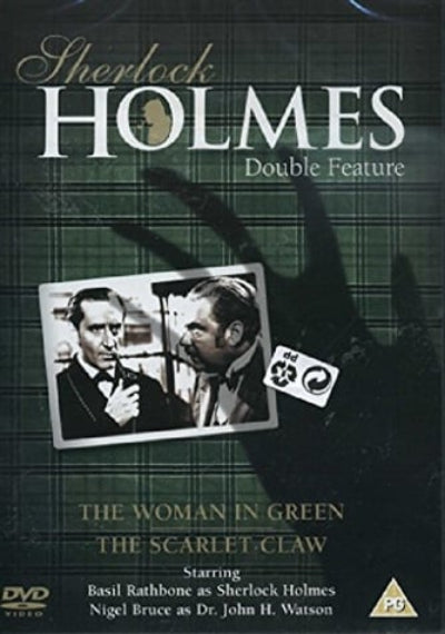 DVD cover for 'Sherlock Holmes Double Feature' featuring the titles 'The Woman in Green' and 'The Scarlet Claw', with black-and-white character portraits and a dark plaid background.