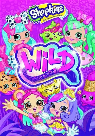Shopkins Wild poster featuring colorful cartoon characters and the large 'WILD' title on a bright purple background.
