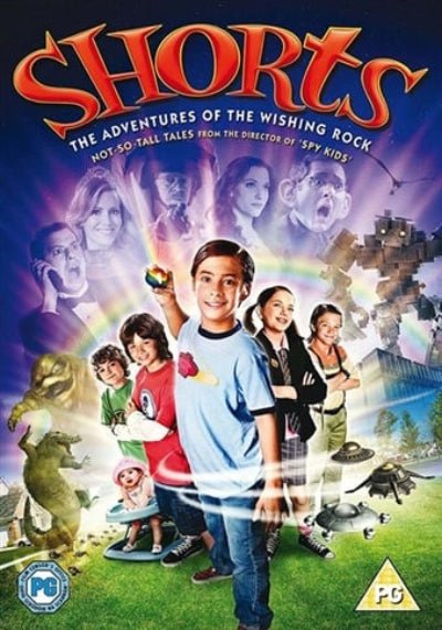 Movie poster for 'Shorts: The Adventures of the Wishing Rock' with children and a rainbow.